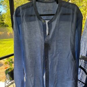 Blue linen collarless shirt